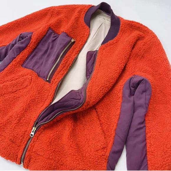 Free People Women’s Rivington Sherpa Zip Up Coat Jacket Chili Combo - Picture 5 of 7